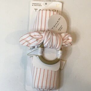 Tahari | Swaddle & Teether Toy in White & Pink Stripes Set